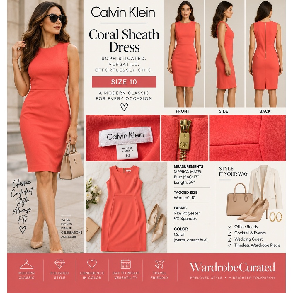 Calvin Klein Womens 10 Coral Sheath Dress Gold Zip Career Cocktail Sleeveless